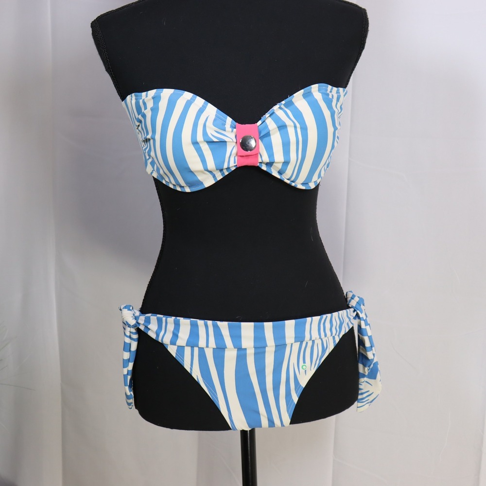 Lilly Pulitzer Blue White Striped Bandeau Bikini with Pink Accent